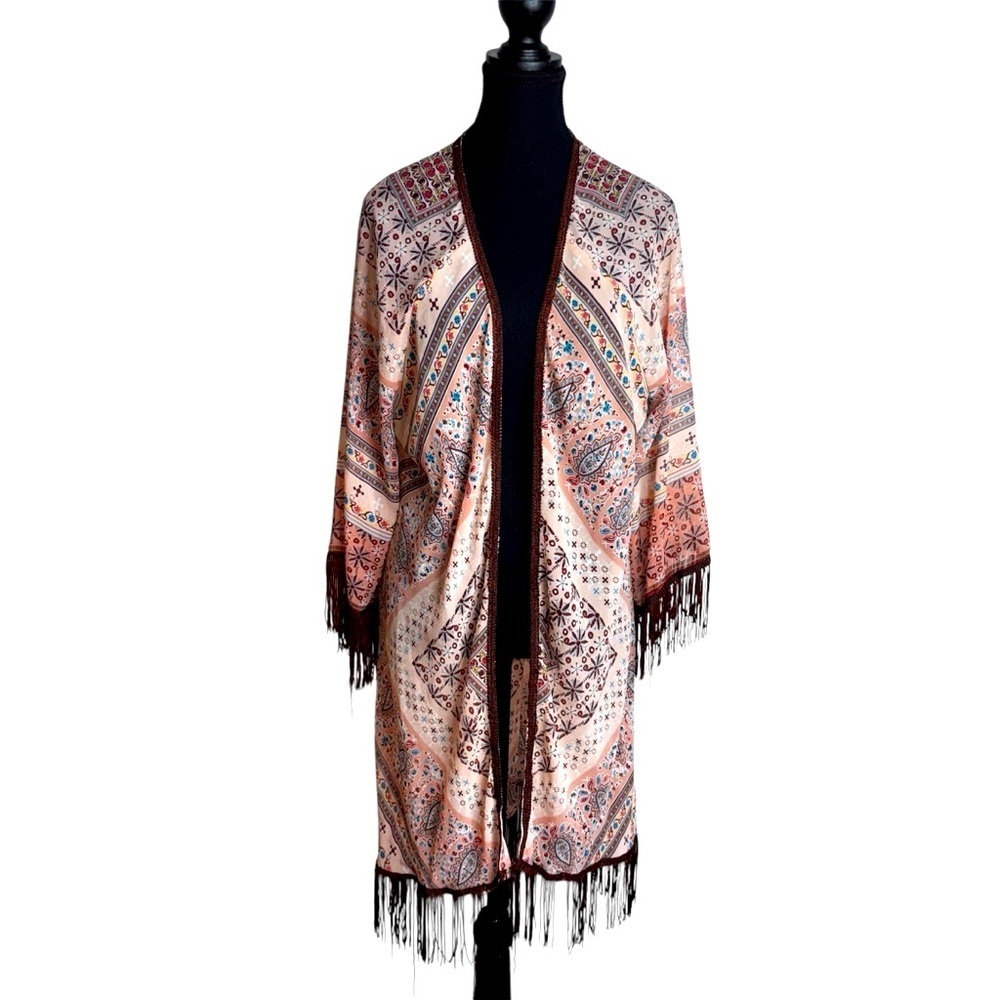 American Rag Pink Beige Paisley Fringe Shrug Women's M L